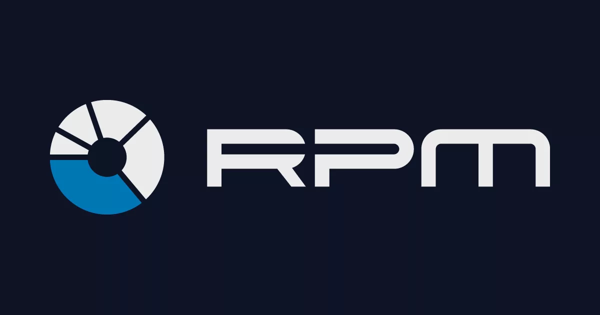 Logo of RPM with stylized white letters and a blue pie chart icon on a dark background.