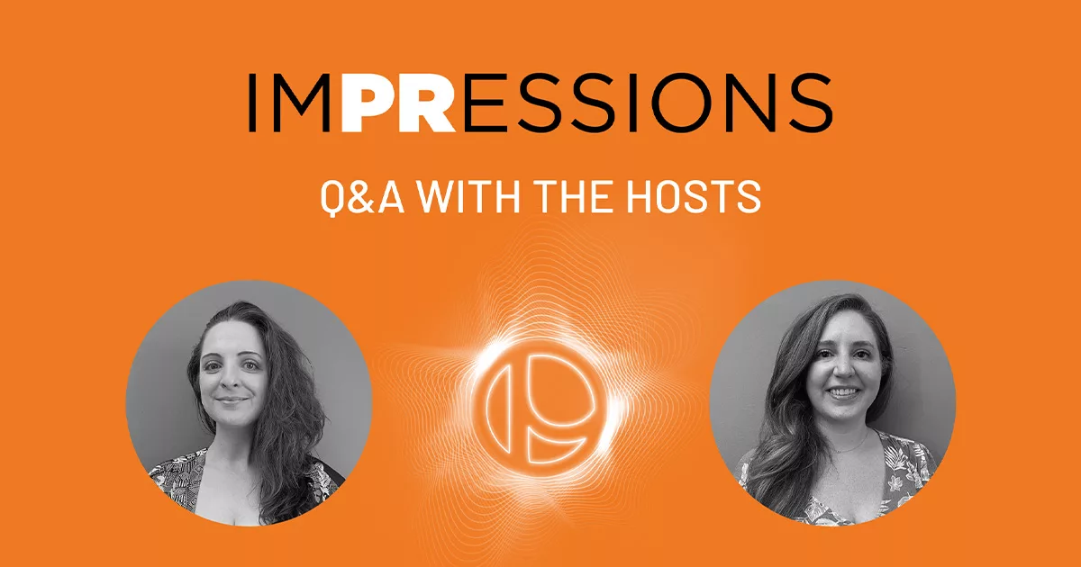 Orange background with "Impressions Q&A with the Hosts" text and two smiling women in circular frames.