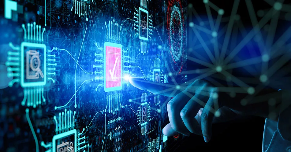 Finger touching digital screen with glowing circuit board and futuristic technology interface