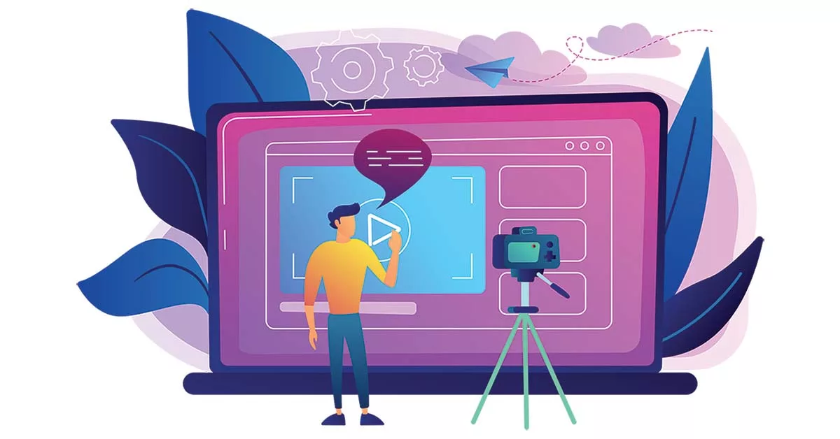 Illustration of a man pointing at a video play button on a screen with a camera on a tripod