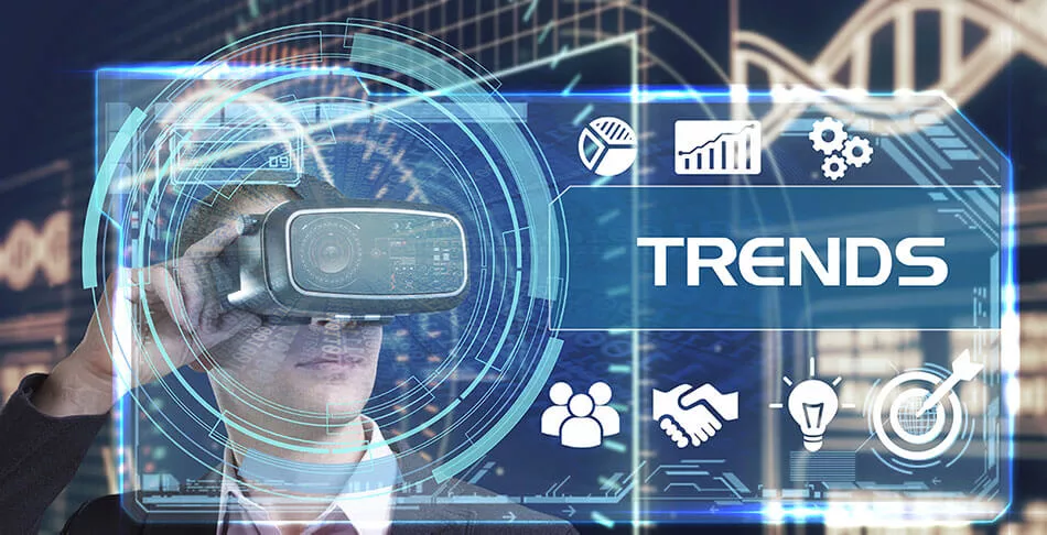Person using virtual reality headset with futuristic interface