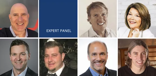 Seven diverse business professionals and the words "EXPERT PANEL" on a blue square.