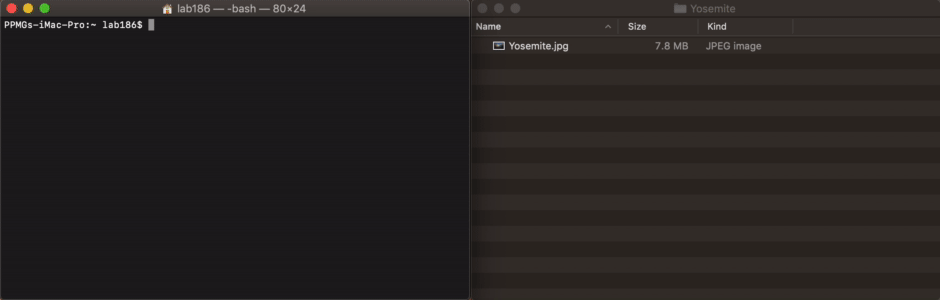 Terminal command line next to a macOS Finder window displaying "Yosemite.jpg" file details.