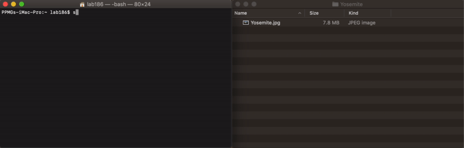 Mac terminal with a command prompt open next to a folder displaying a file named "Yosemite.jpg".