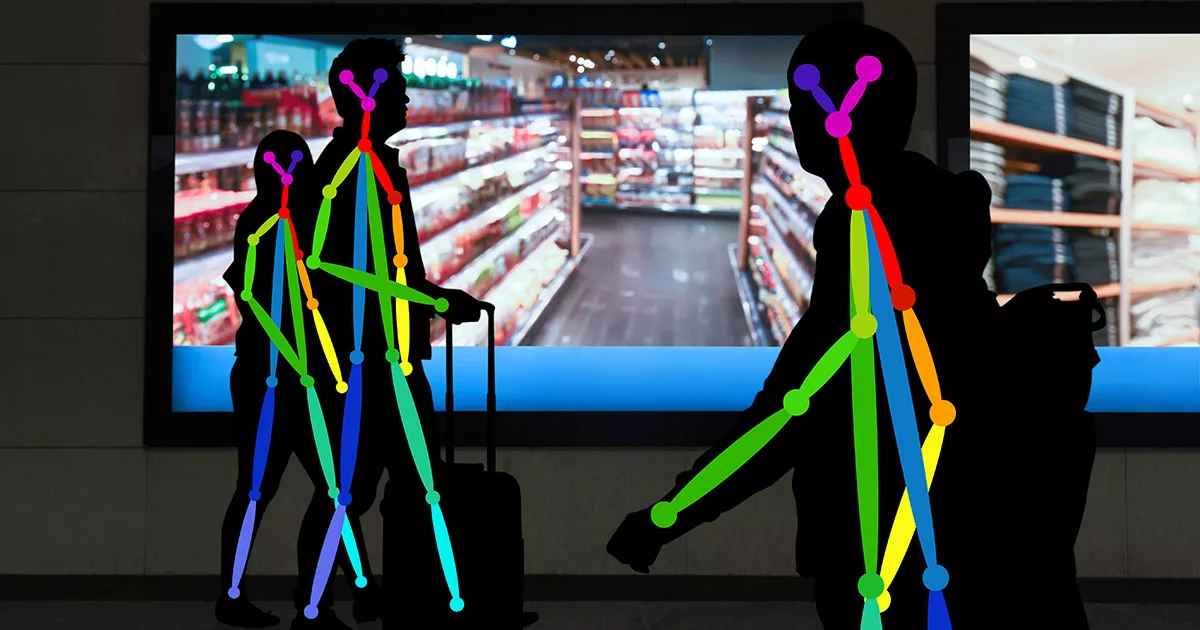 Silhouettes of people with color-coded skeleton overlays