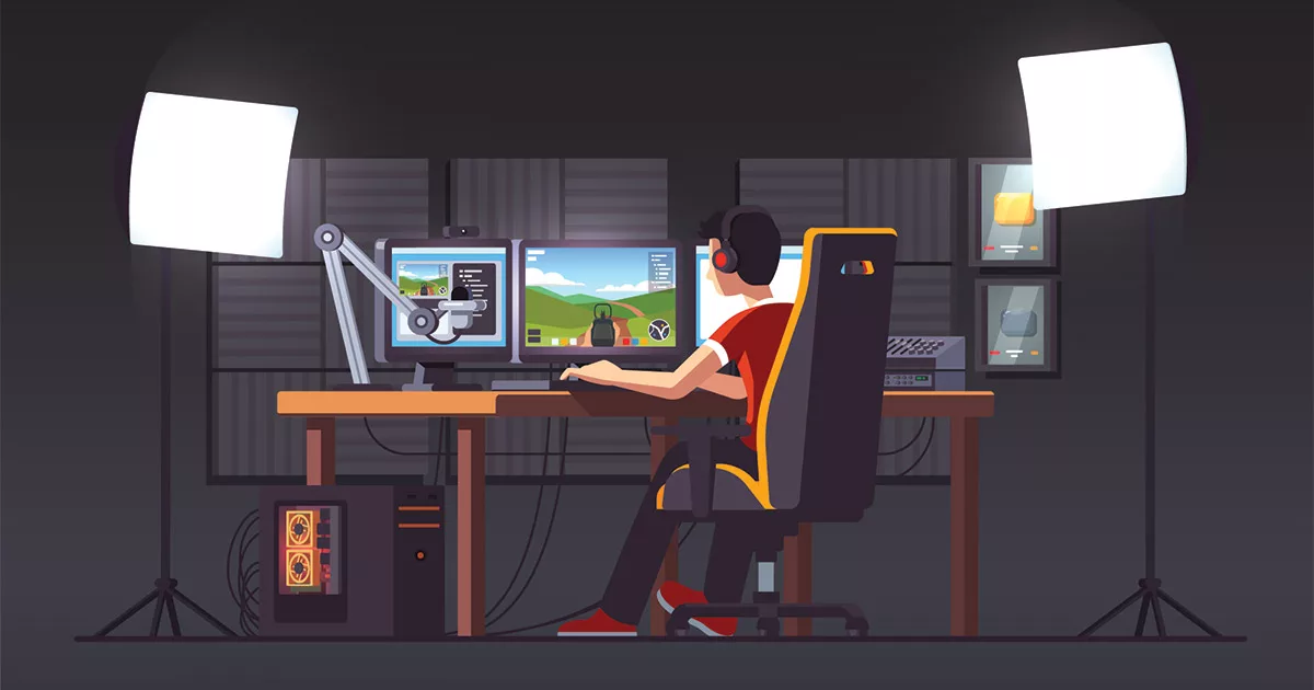 Gamer in headphones streaming video game at computer desk with dual monitors and studio lighting setup.