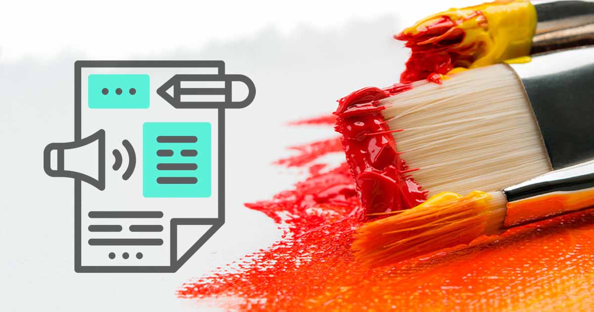 Paintbrushes with red and yellow paint next to a digital icon of a document with text and a speaker.