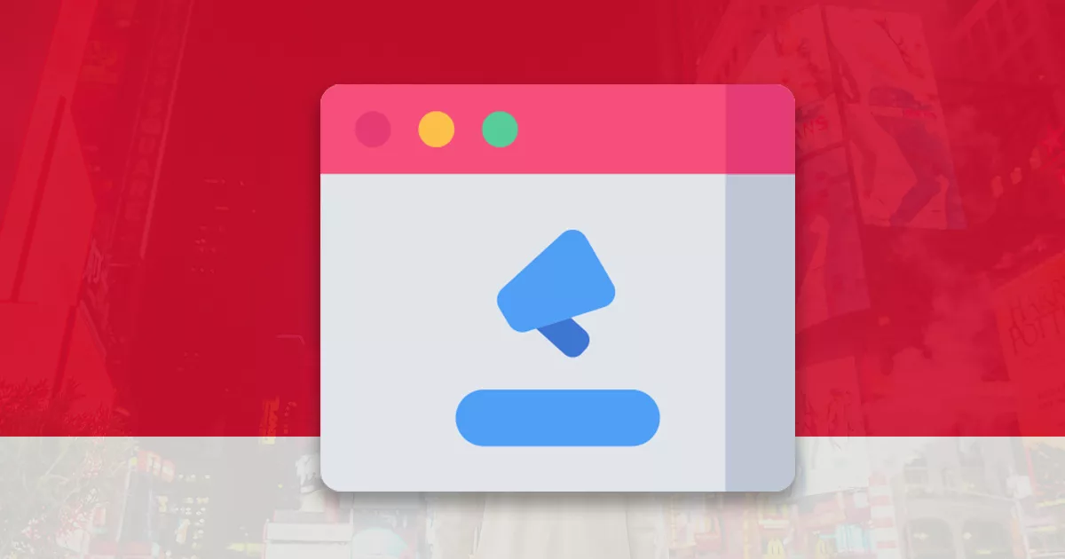 Illustration of a web browser window with a blue megaphone icon on a red background