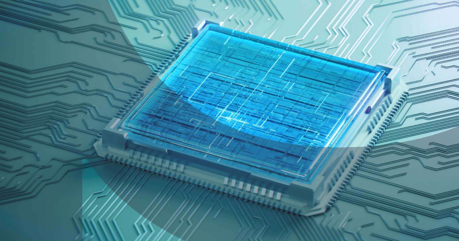 Futuristic blue microchip on a circuit board
