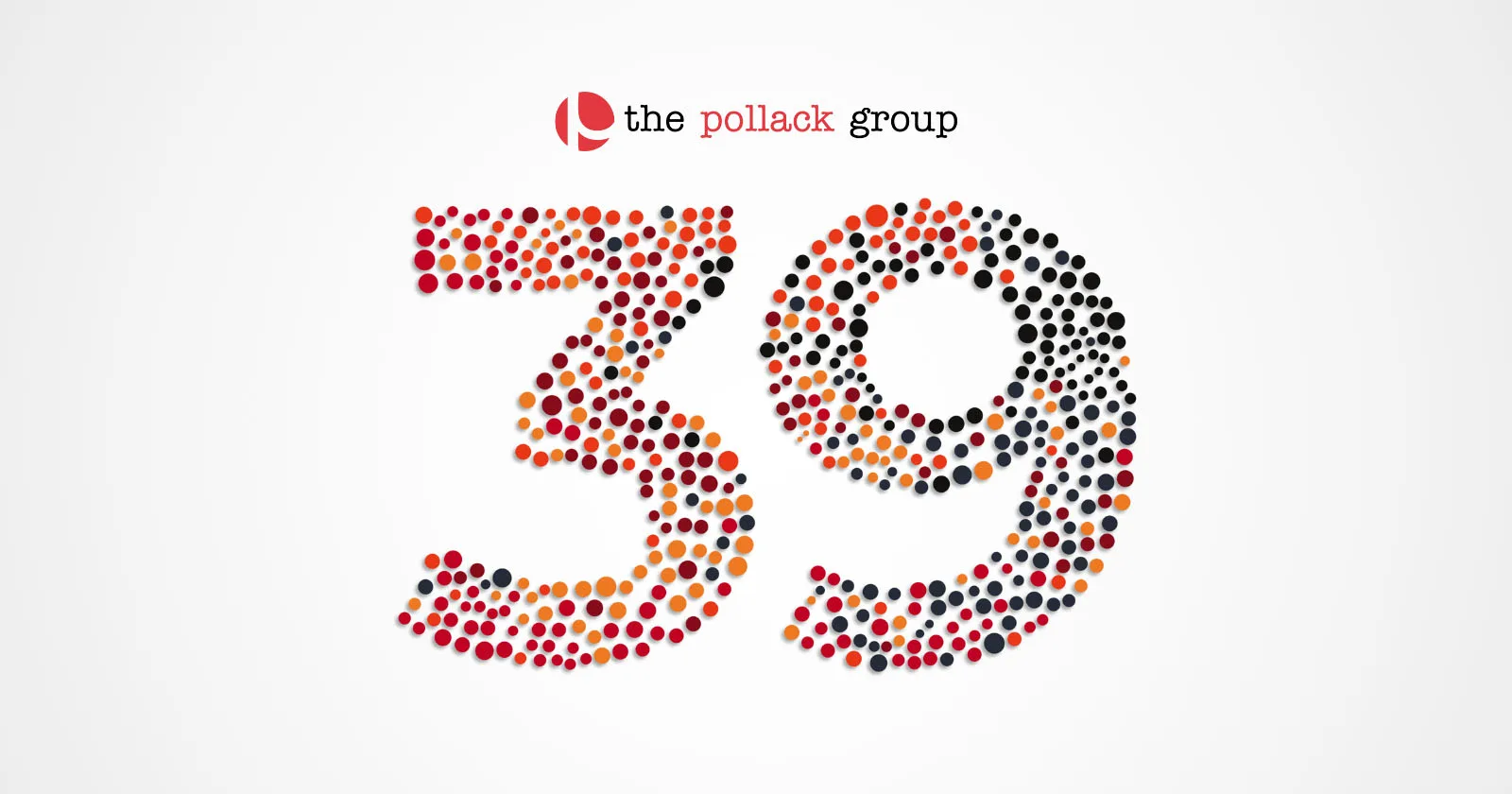Colorful dot pattern forming the number 39 with The Pollack Group logo above on a white background.