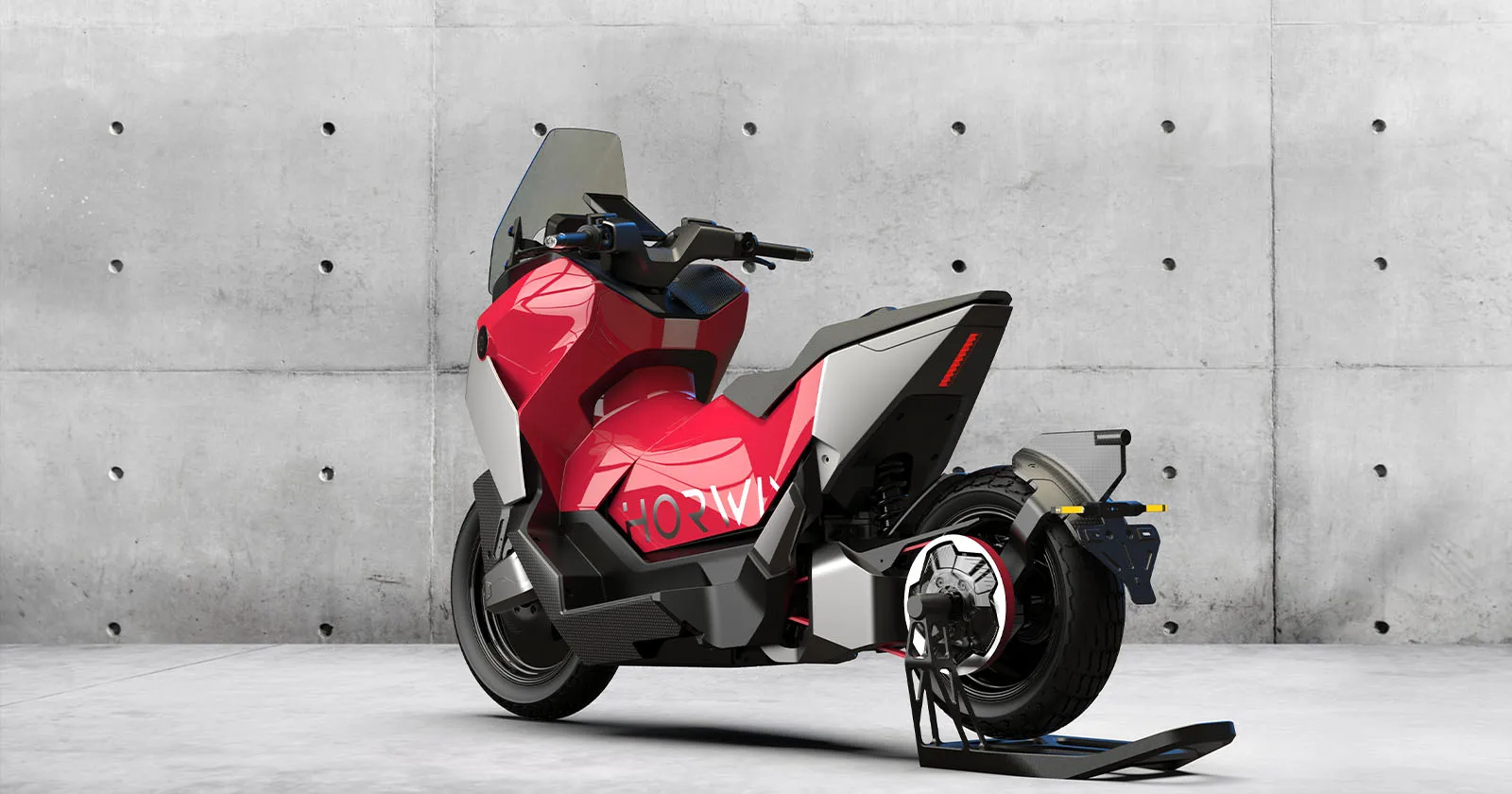 Futuristic red electric motorcycle parked indoors