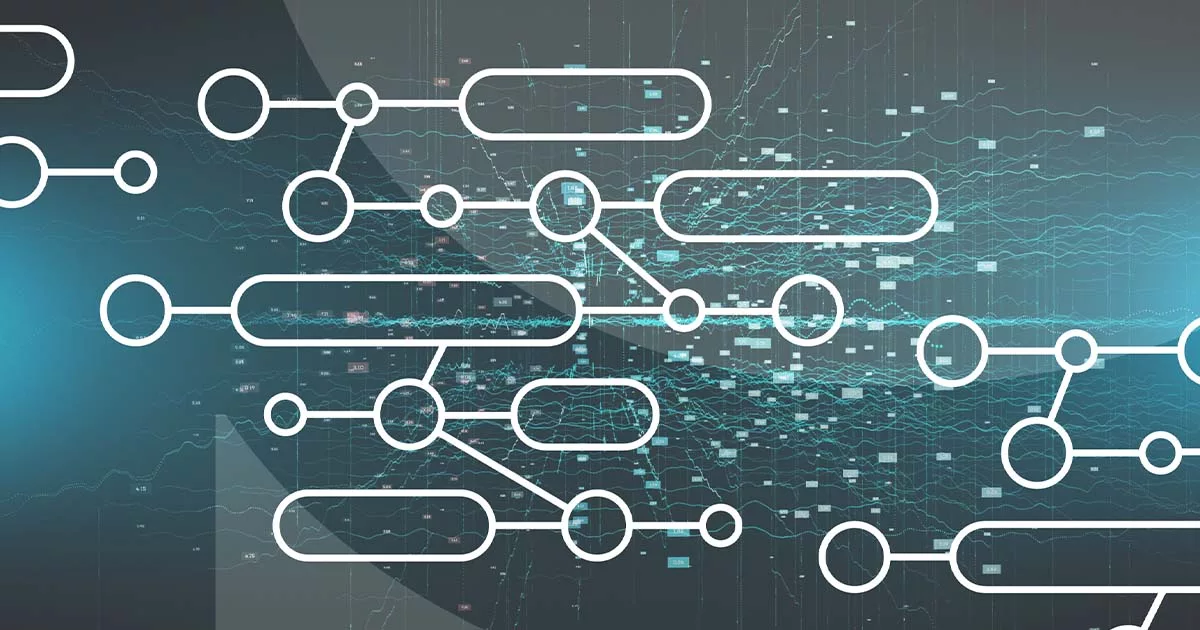 Abstract digital network with interconnected white nodes and lines on a blue and gray background