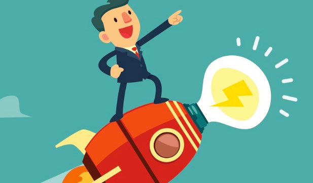 Cartoon businessman on a flying red rocket