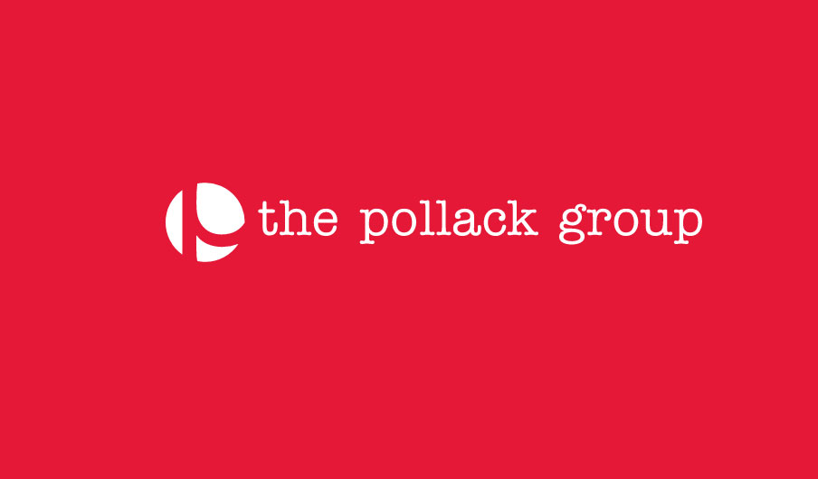 Red background with white stylized 'P' logo and text 'the pollack group' in lowercase