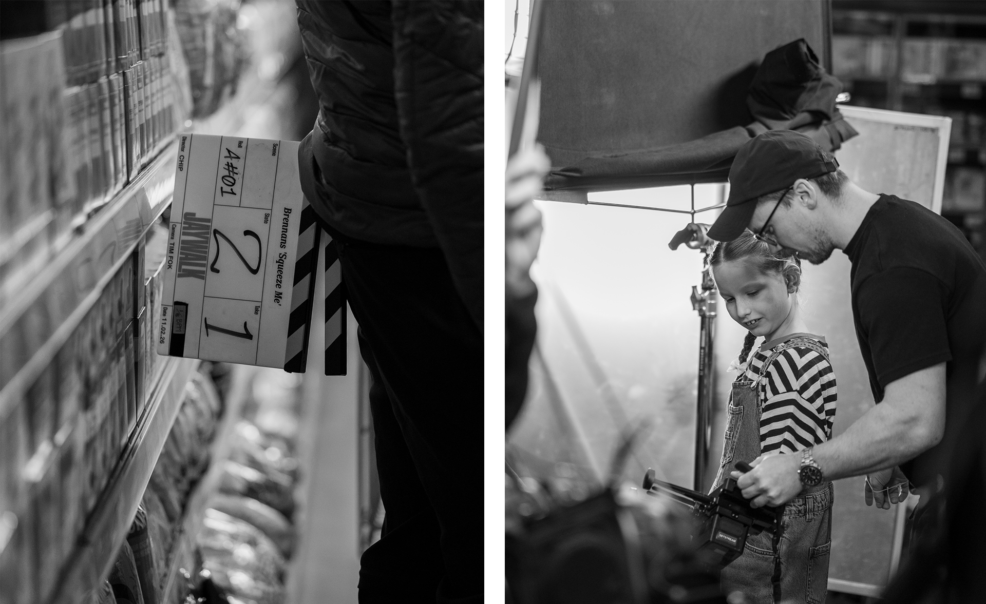 Brennans campaign, BTS shots of child actress and crew member viewing footage and clapperboard. Agency: Folk VML