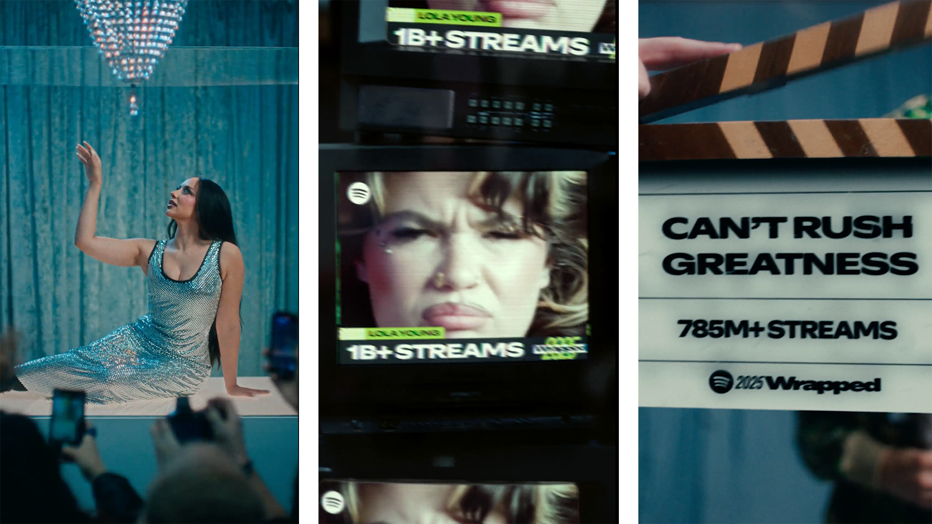Spotify Wrapped campaign stills of Jade posing on pedestal, stacked vintage TV screens and a clapperboard reading "Can't Rush Greatness".Agency: Curly Media