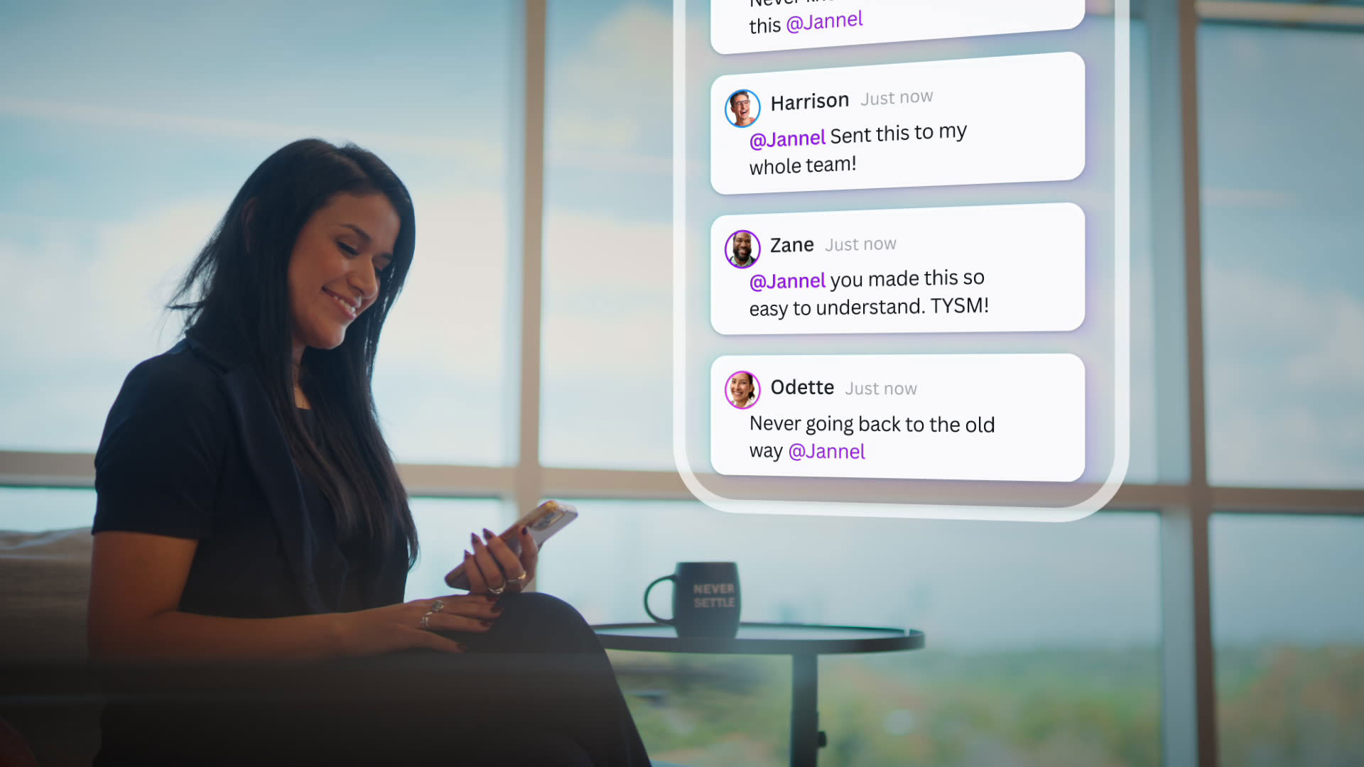 Canva x Keller Williams, still of woman reading phone messagesing
