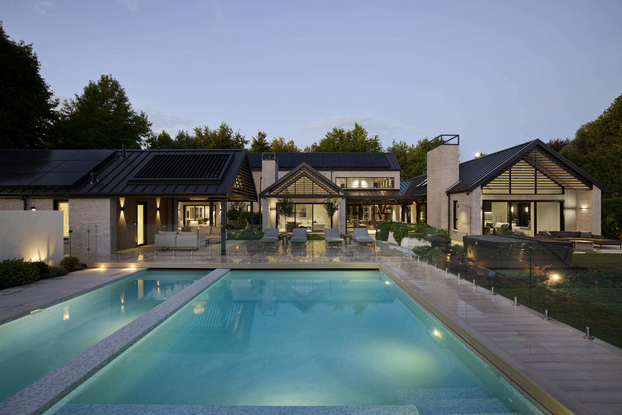 River Oaks exterior, dusk