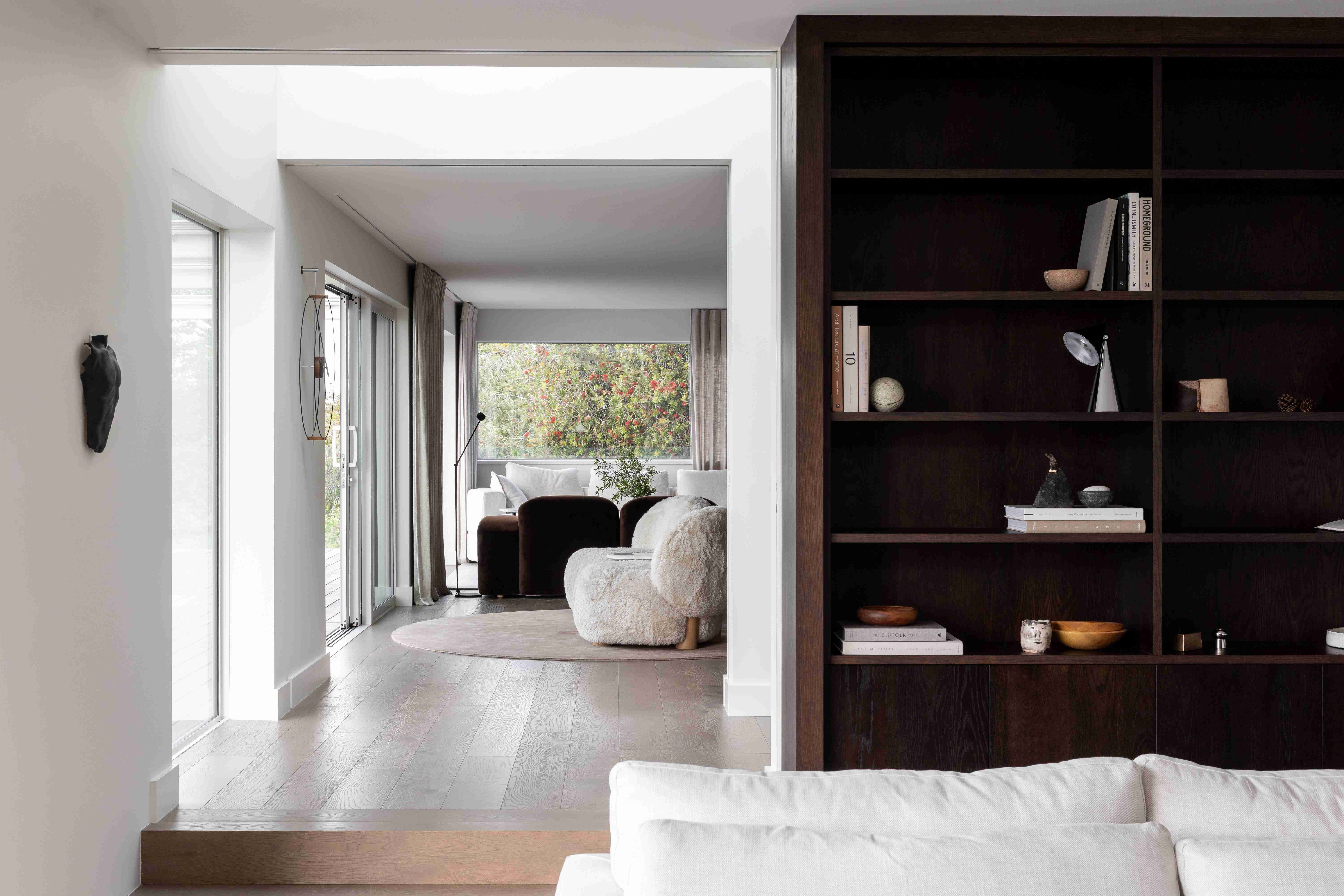 Matua House living room bookshelf