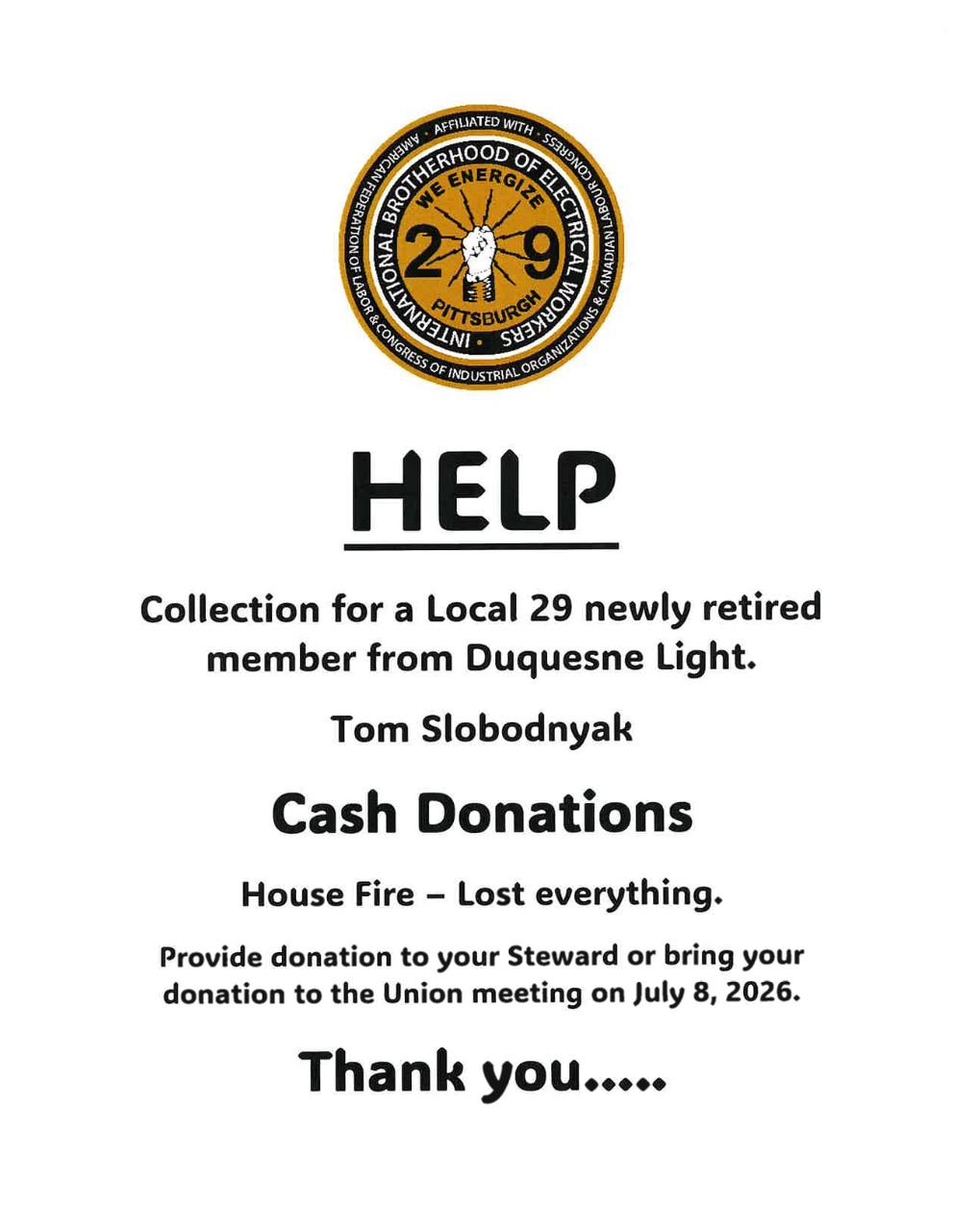 IBEW Local 29 house fire donation collection flyer
