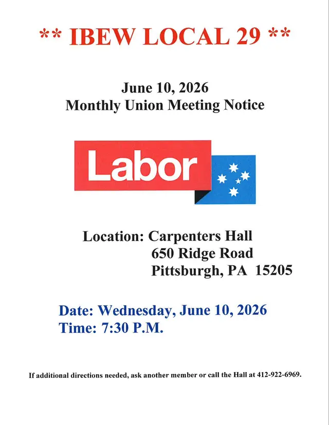 IBEW Local 29 monthly union meeting notice flyer