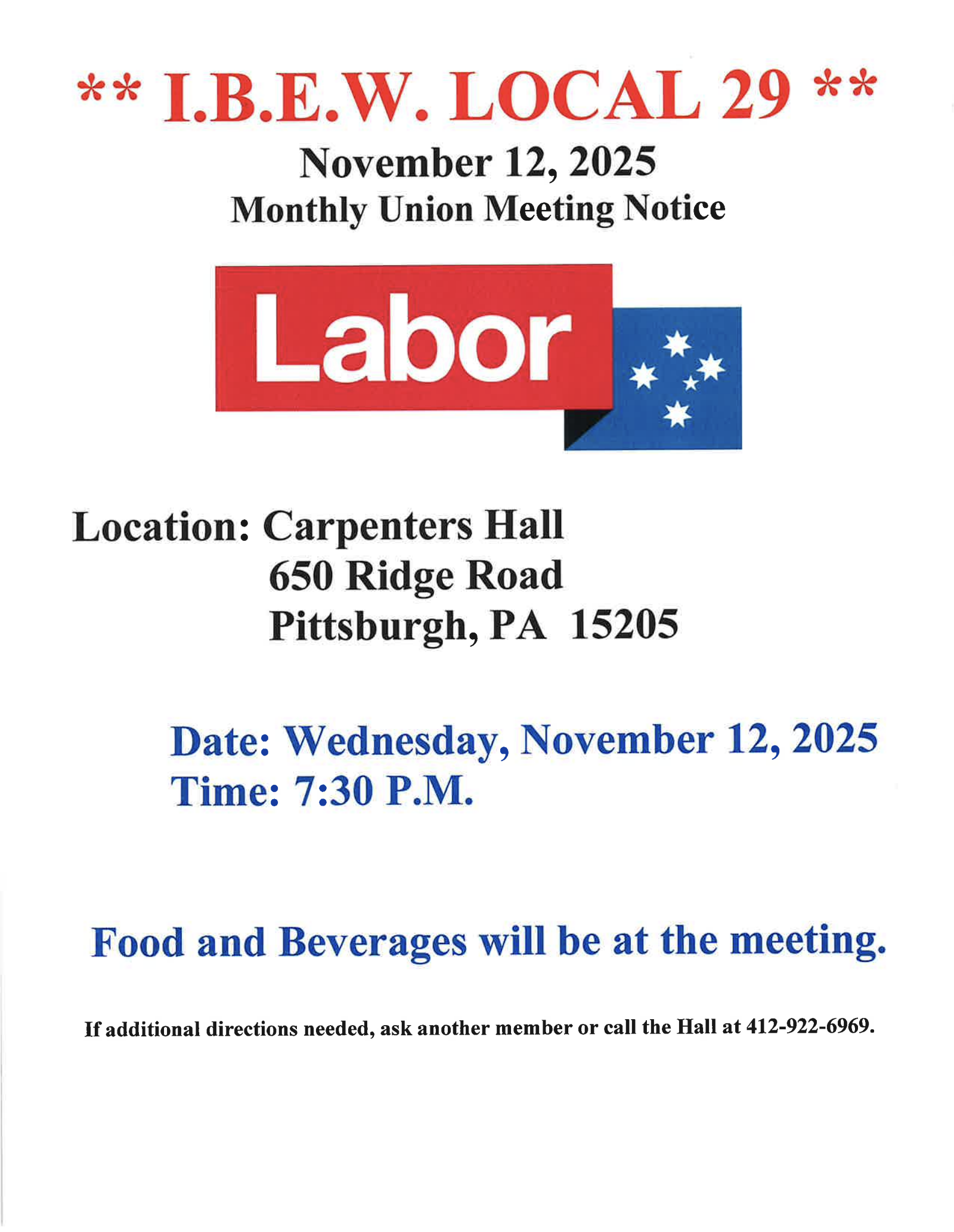 IBEW Local 29 union meeting notice letterhead