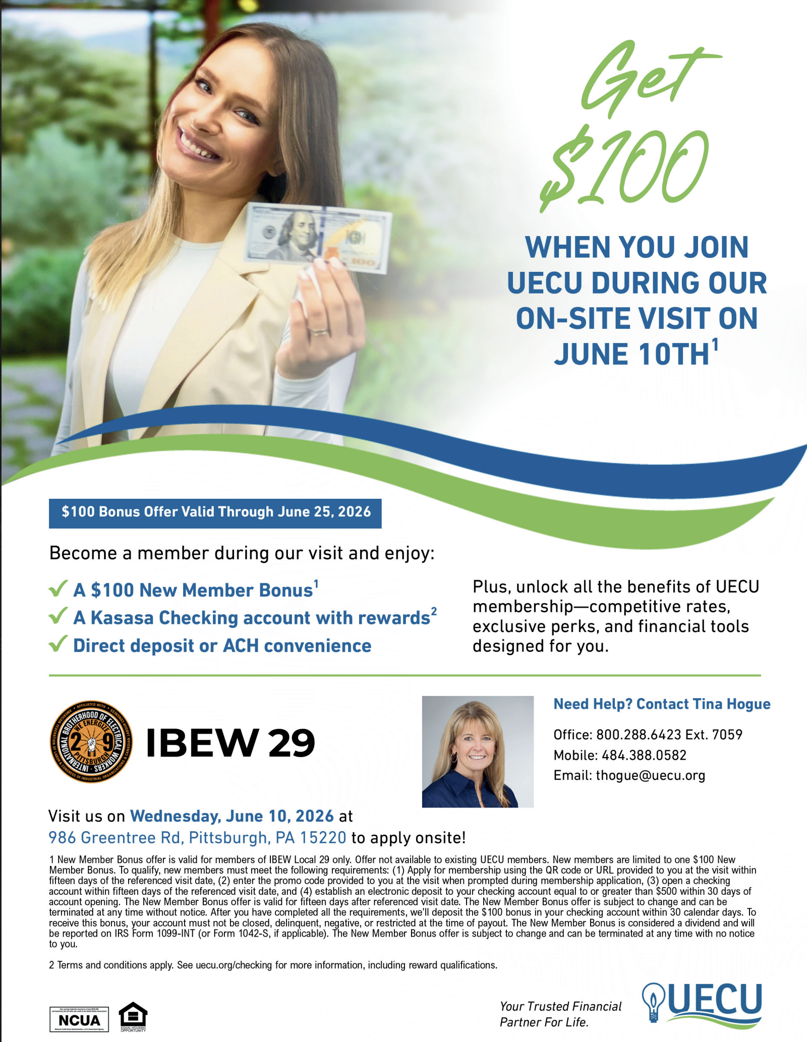 UECU $100 New Member Bonus promotional flyer