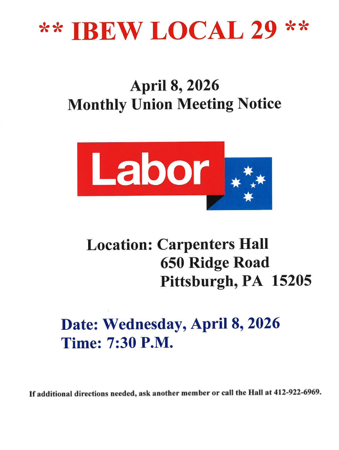 IBEW Local 29 monthly union meeting notice flyer