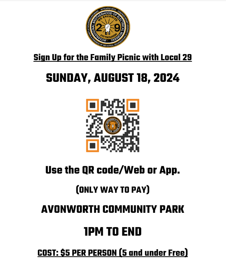 IBEW Local 29 Family Picnic sign-up flyer with QR code