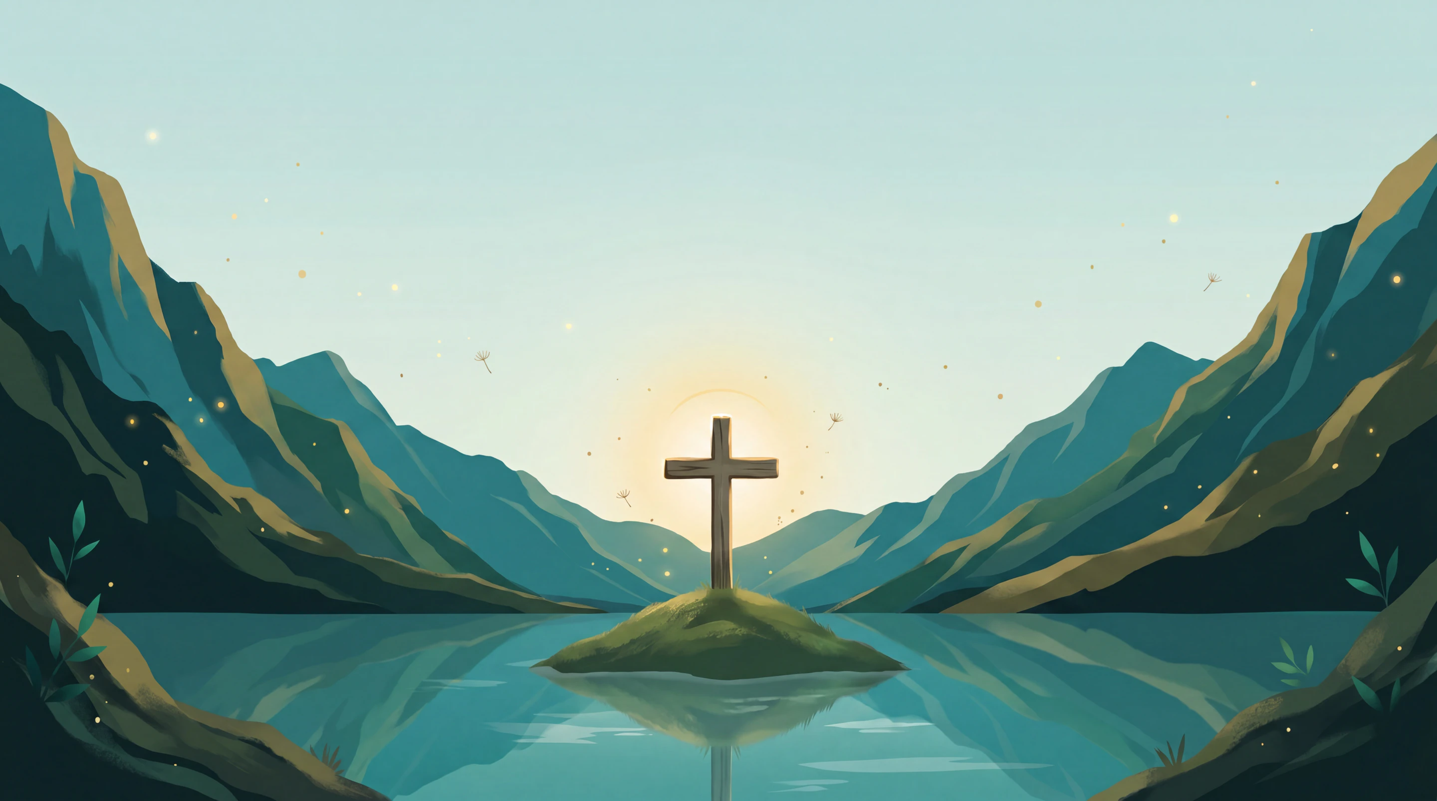 Wooden cross on a small hill in a calm lake surrounded by mountains at sunrise or sunset.