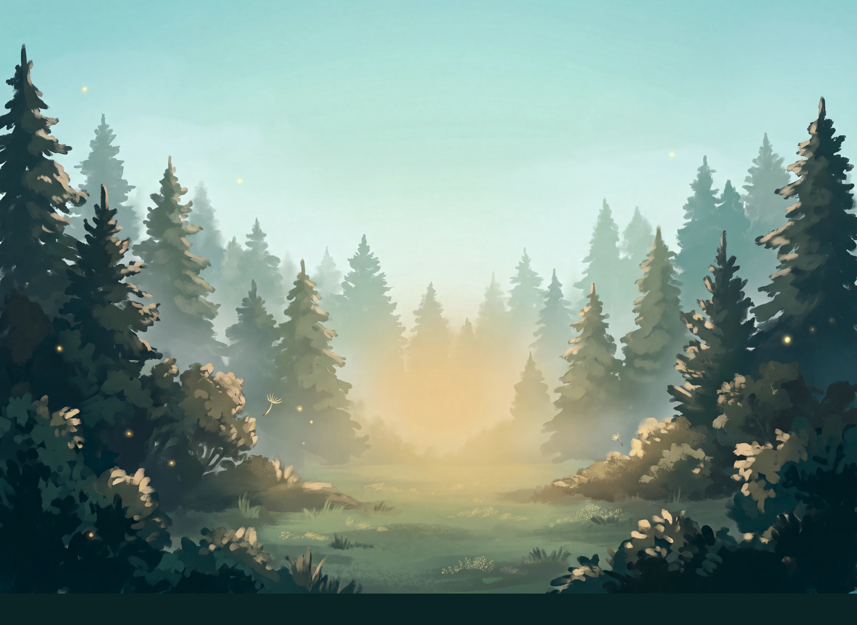 Sunset glowing softly through mist in a dense pine forest with bushes and fireflies.