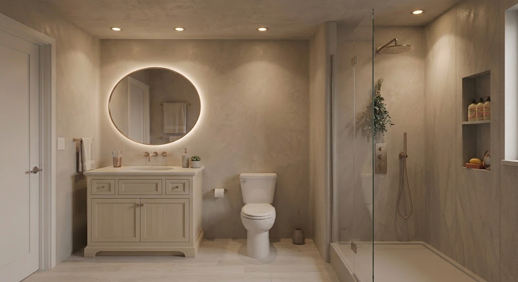 Modern beige bathroom with a floating vanity featuring two drawers and two cabinet doors, a large round backlit mirror, a toilet, and a glass-enclosed shower with a rainfall showerhead and built-in shelf holding toiletries and greenery.