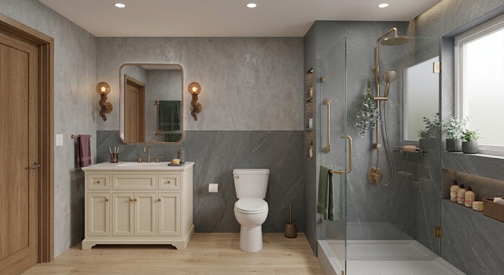 Modern bathroom with wood floor and gray stone walls; features cream vanity with rectangular mirror and two bronze sconces, white toilet, glass-enclosed shower with bronze fixtures, and built-in shelf with toiletries and plants by frosted window.