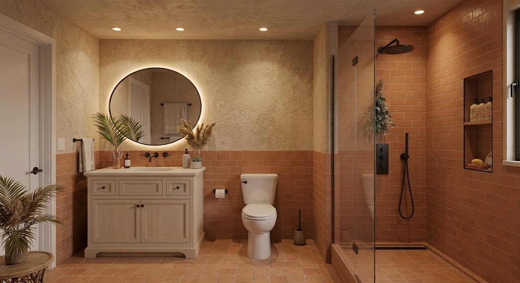 Modern bathroom with terracotta tile floor and walls halfway up, a wooden vanity with a lit round mirror above it, a white toilet, and a glass-enclosed shower with a black showerhead and built-in shelf holding toiletries.