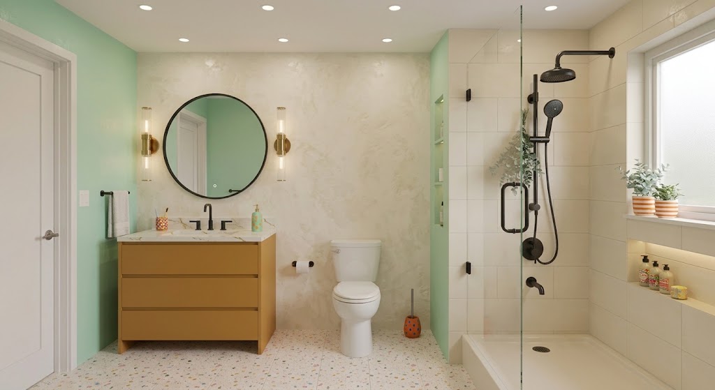 Modern bathroom with a mustard yellow vanity with white marble top and black fixtures under a round mirror with wall sconces, a white toilet, and a glass-enclosed shower with black fixtures and built-in shelves, green accent walls, terrazzo floor, and a window shelf with potted plants and toiletries.