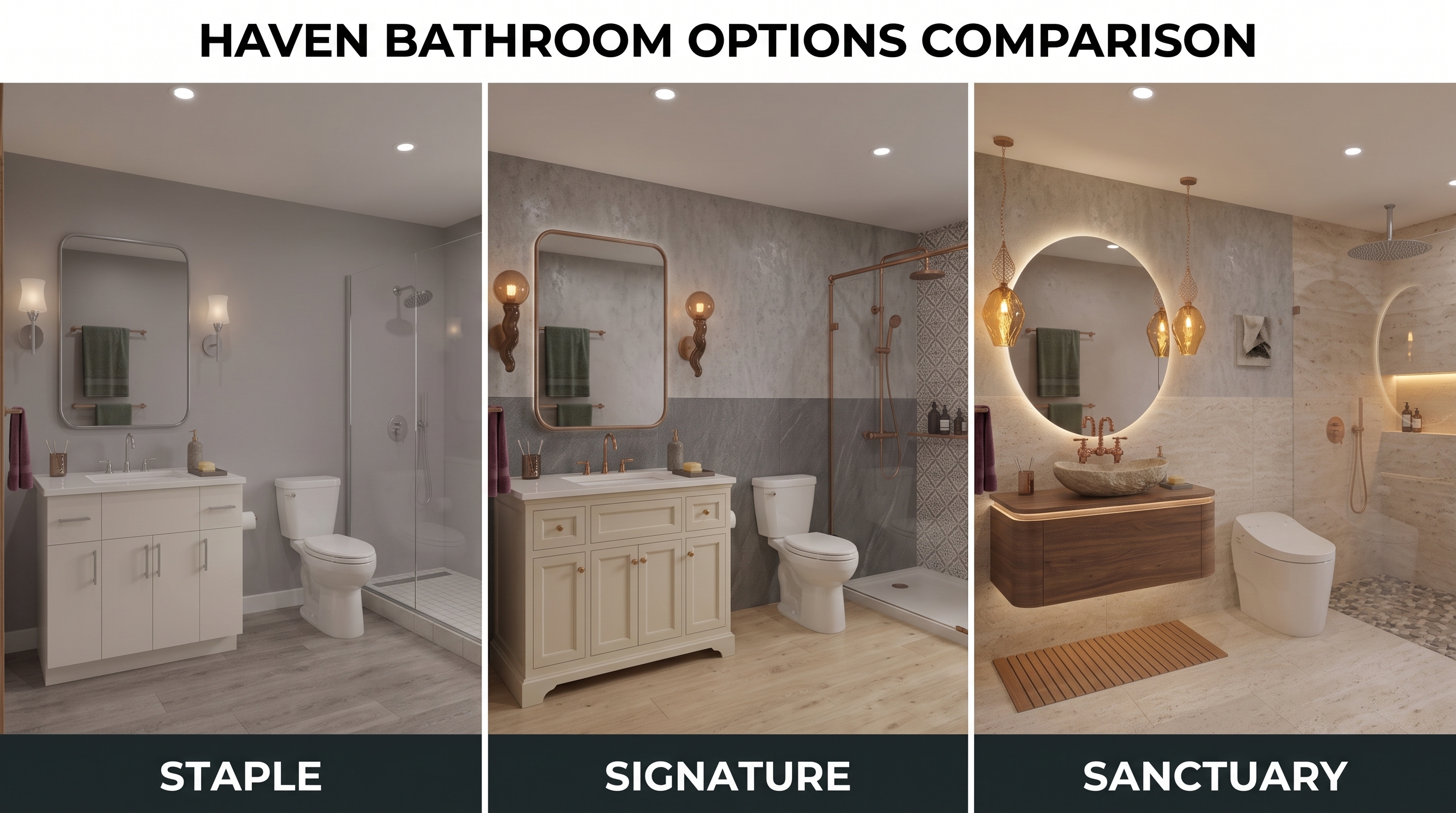 Comparison of three bathroom design options labeled Staple, Signature, and Sanctuary, each showing different vanity styles, lighting, and shower designs in modern bathrooms.