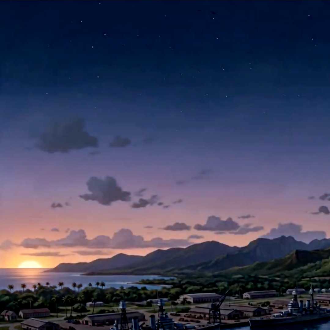 Sunset over a coastal harbor with ships docked, palm trees, hills, and a starry sky.