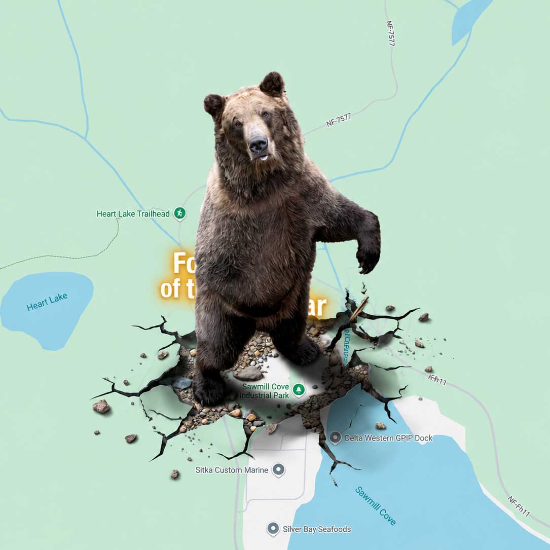 Large bear standing on cracked ground overlaying a map with locations like Sawmill Cove and Heart Lake.