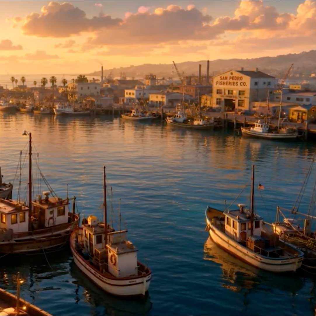 Fishing boats docked in a harbor at sunset near San Pedro Fisheries Co. building.