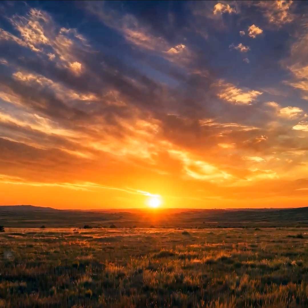 Vibrant sunset over a grassy plain with clouds glowing in orange and purple hues.