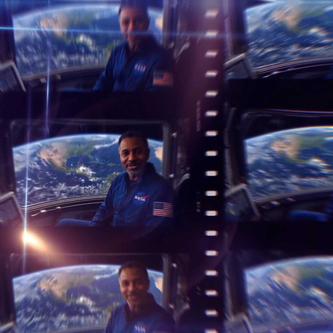 Repeated images of a smiling astronaut inside a spacecraft window with Earth visible outside.