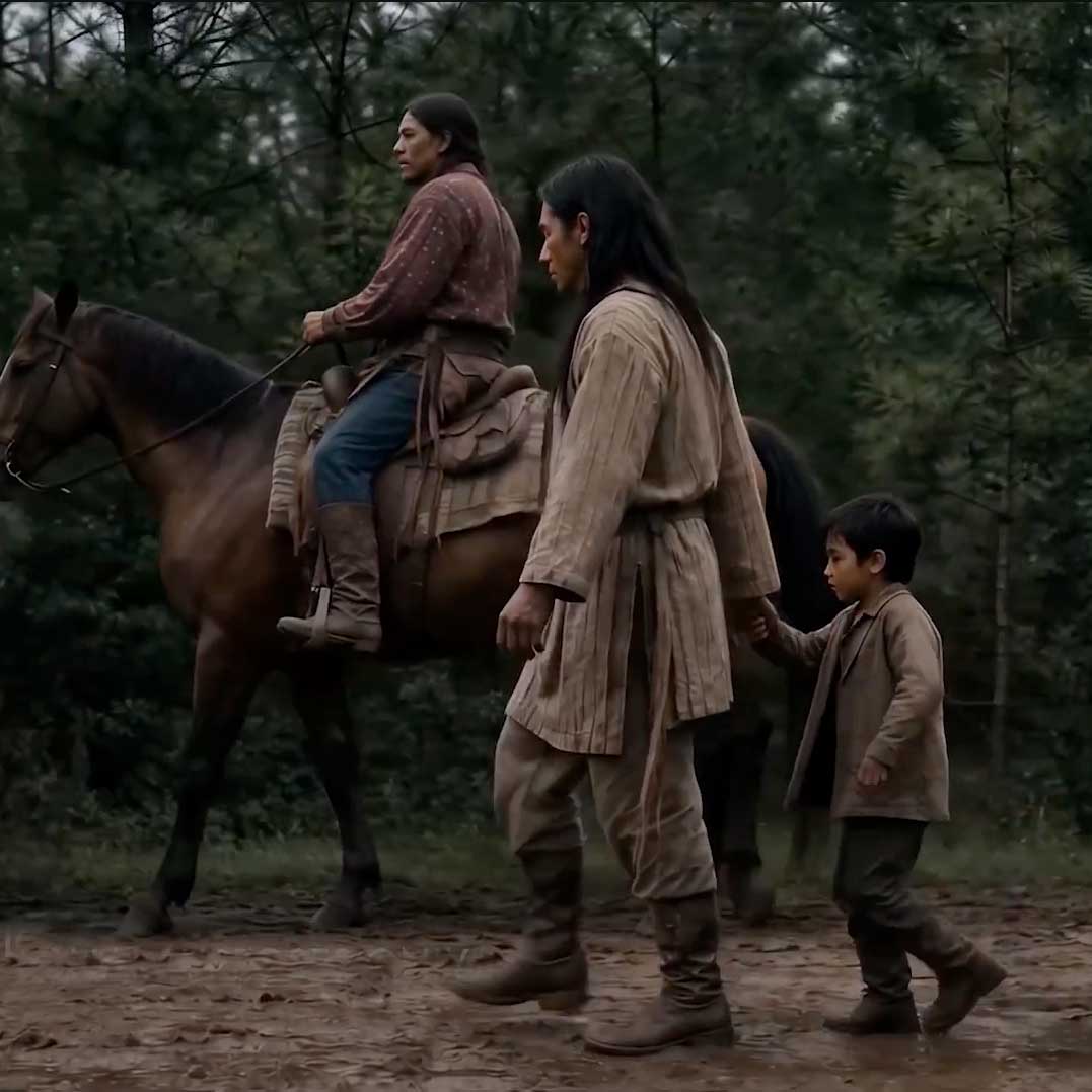 Man on horseback beside another man walking while holding a boy's hand in a forest setting.