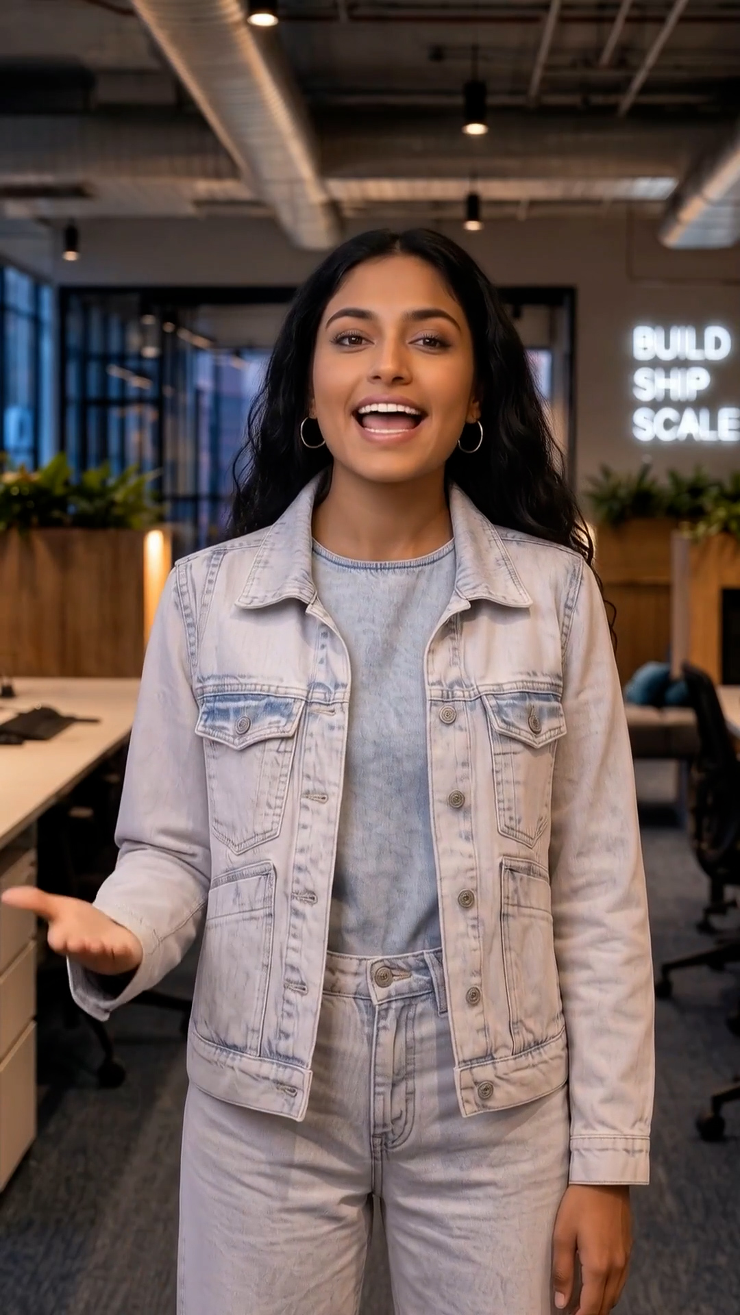 Smiling woman with long black hair in light denim jacket speaking in modern office space.