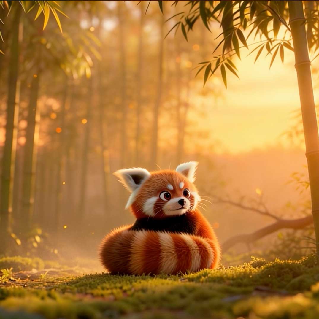 Cute red panda curled on mossy ground in a golden bamboo forest at sunset.