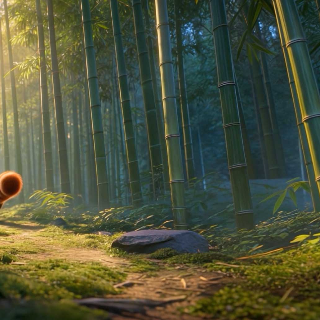 Sunlit dense bamboo forest with a moss-covered dirt path and a large rock in the foreground.