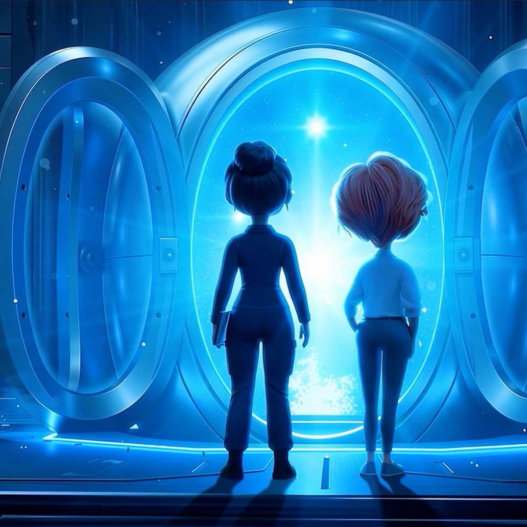 Two animated characters stand inside a spaceship, looking out a large open hatch to bright stars.
