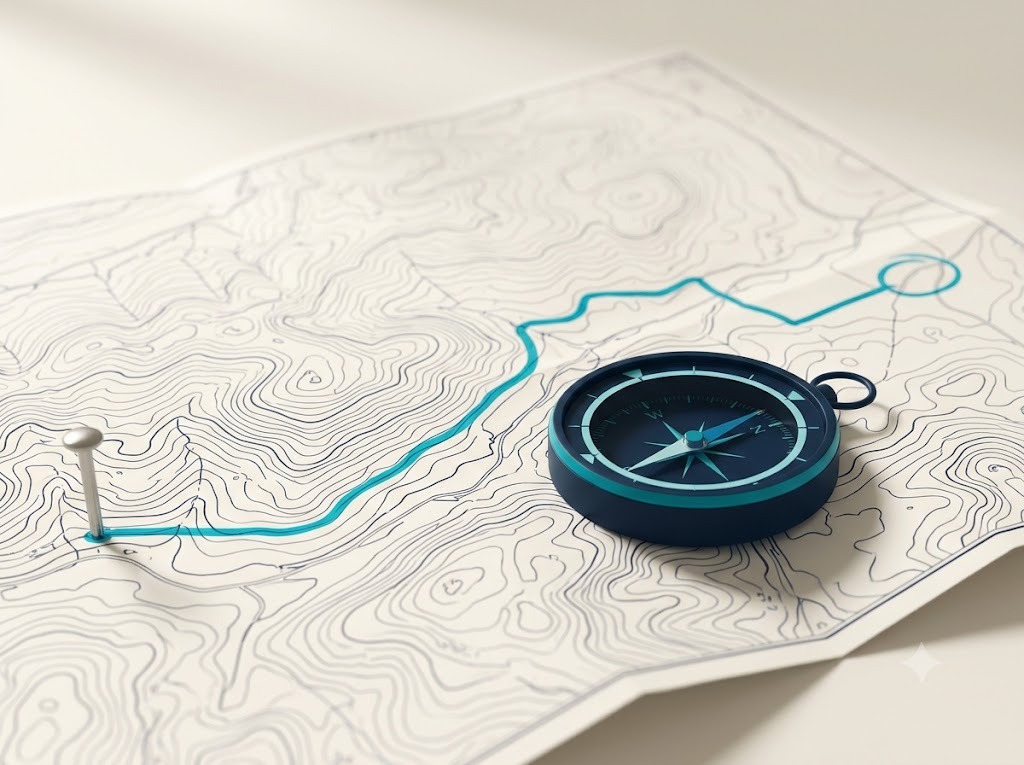 A navy and teal compass resting on a topographic map, with a path traced from a starting pin to the destination