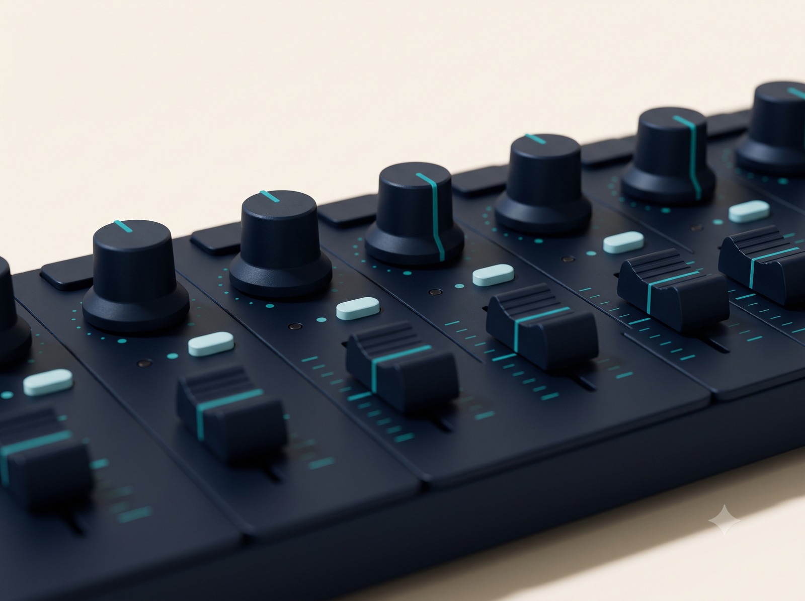 Close-up of navy and teal mixing board knobs and faders, representing configurable experiment parameters