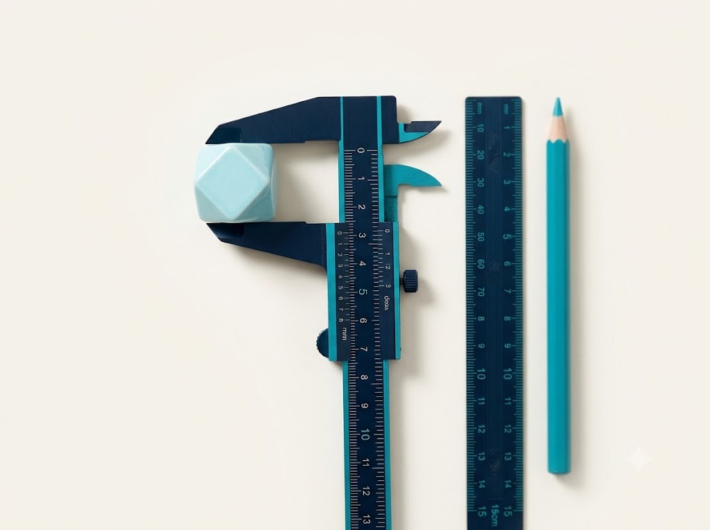 Navy and teal precision calipers, ruler, and pencil laid out for exact measurement