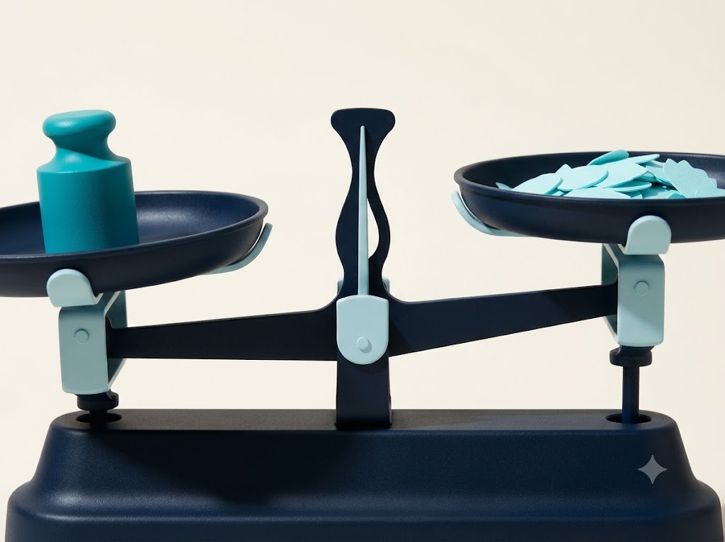 A navy and teal balance scale weighing a solid block against a pile of paper scraps
